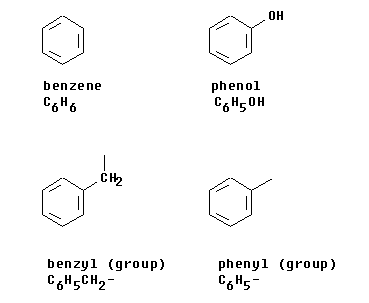 Structures of the phenyl and benzyl groups, along with benzene and phenol.
