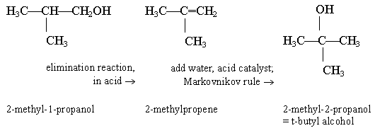alcohols quiz, key, #7; 2-methyl-1-propanol to 2-methyl-2-propanol